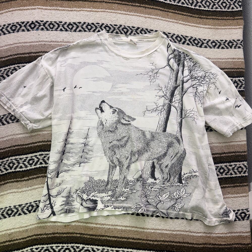 Vintage 90's White Black Wolf Howling All Over Print AOP Outdoors Shirt Sz Large